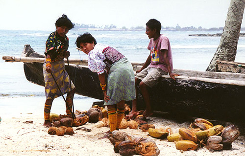 Kuna indian woman in Achutupu, preparing coconuts for food